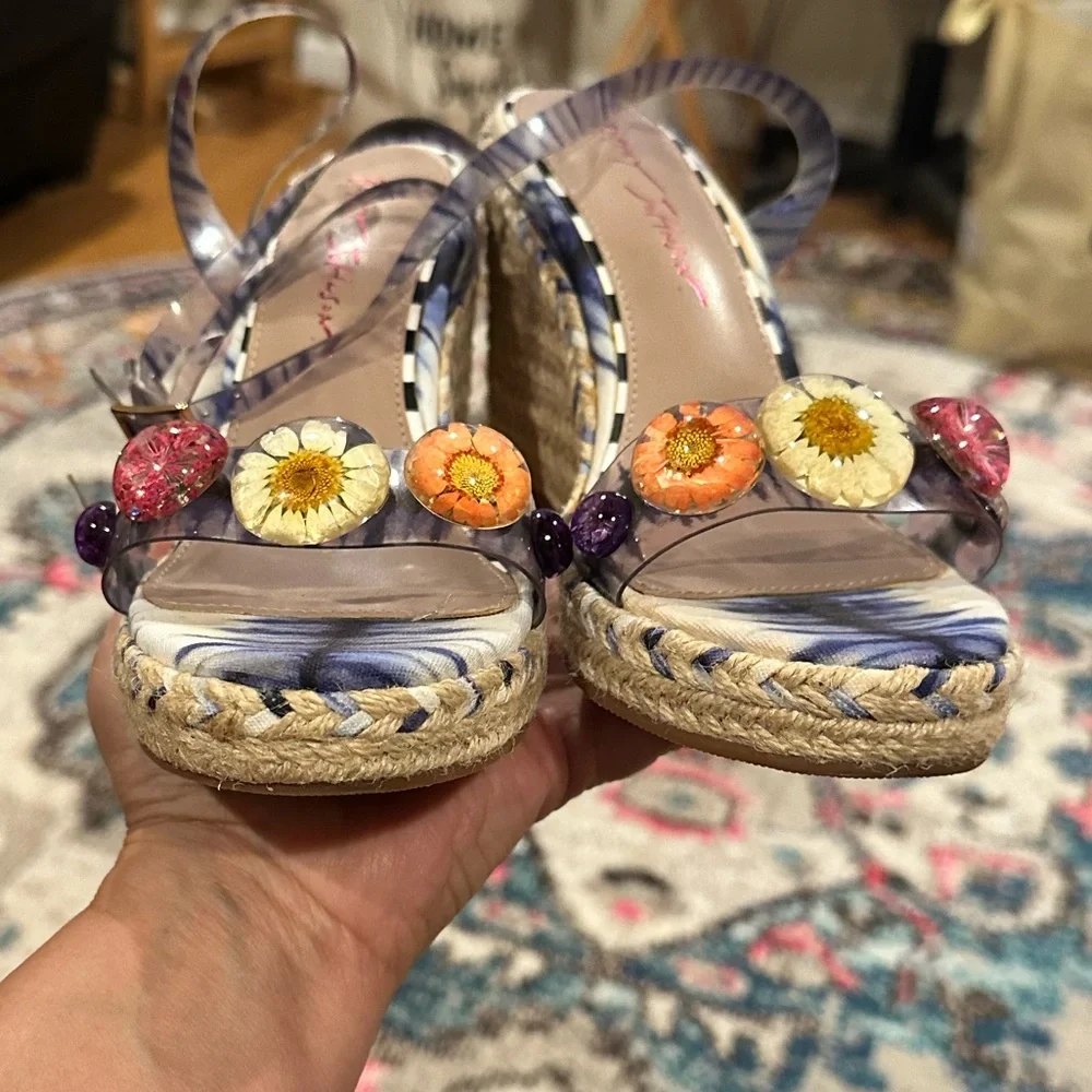 BETSEY JOHNSON FLORAL ANKLE STRAP WEDGE SHOES